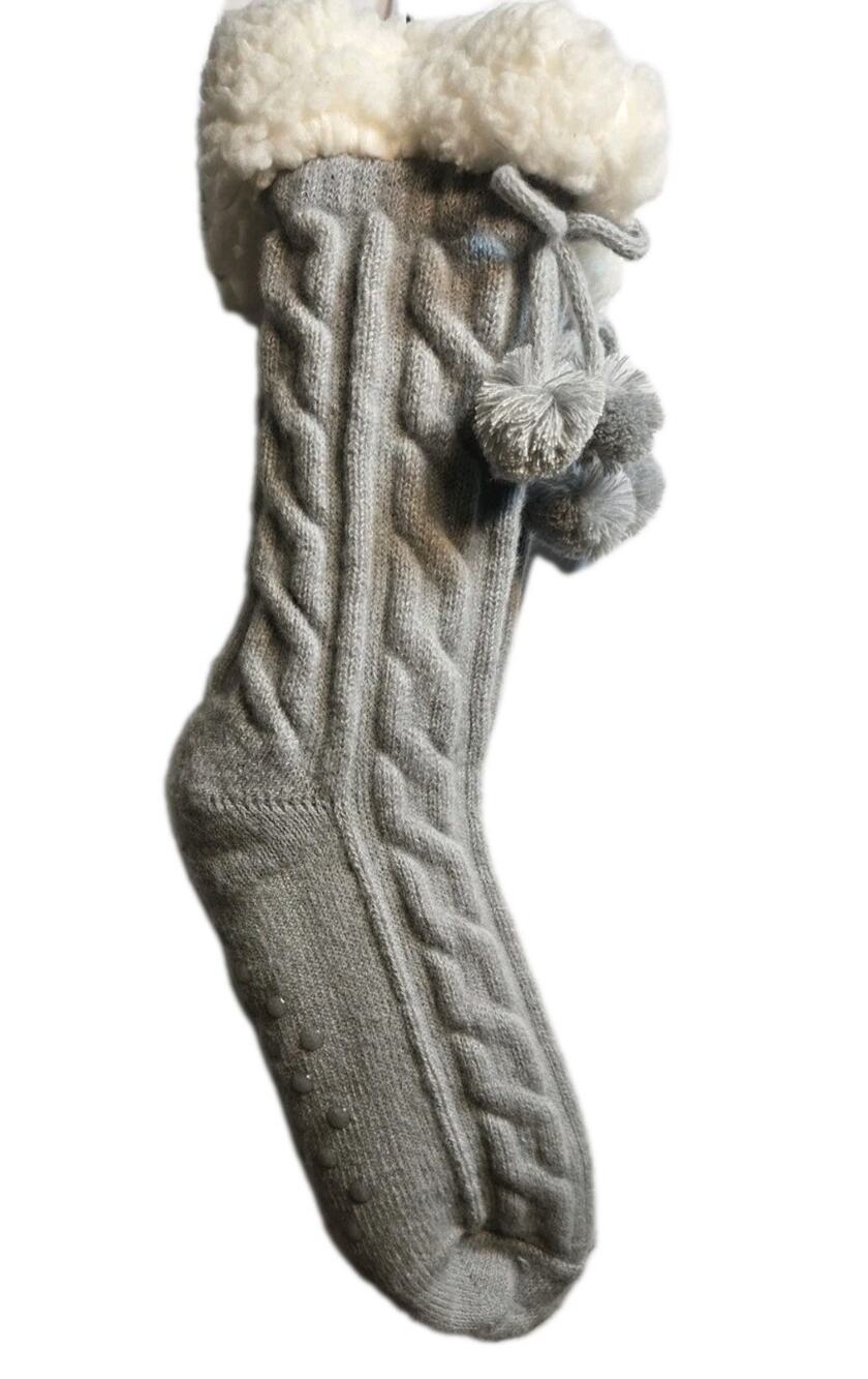 Gray Cable Knit Sherpa Lined Fuzzy House Slipper Socks Grip Cozy Warm Winter
